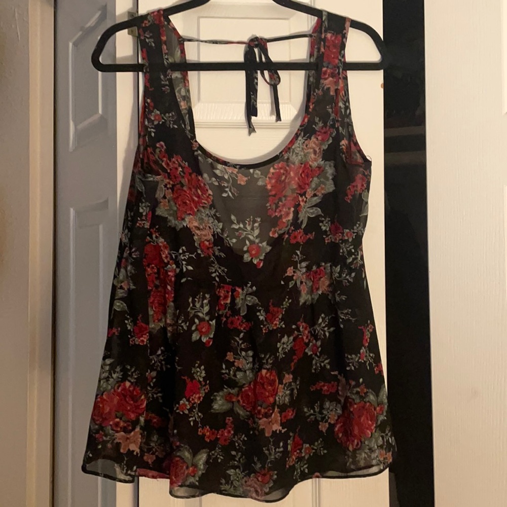 Floral See-Thru Back-Tie Open Back Blouse, Size L
